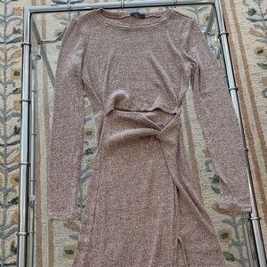 Chic Long-Sleeve Knit Dress Brown/white marl